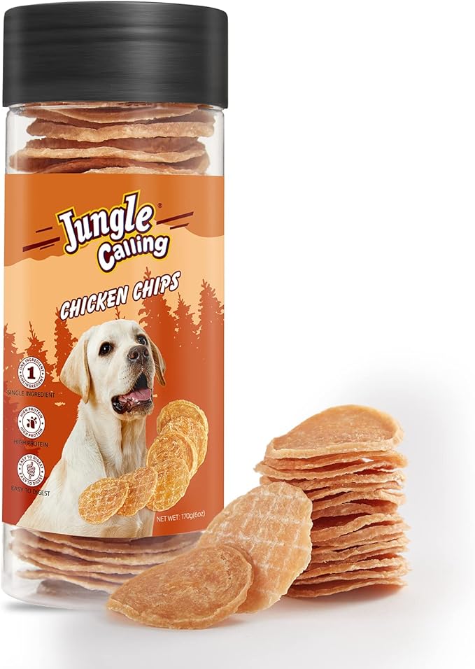 Jungle Calling 32 Count Dog Treats, Single Ingredient Chicken Chips, Crunchy Jerky Chip Training Treat for Small Medium Large Breed Dogs