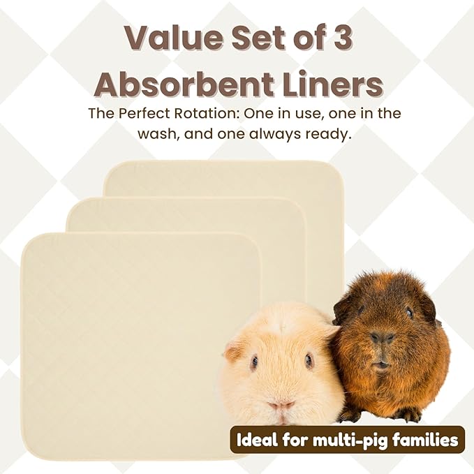 3 Pack Guinea Pig Pad 12” x 12” | Washable & Reusable Guinea Pig Cage Liner, 4-Layer Absorbent Pee Pad with Waterproof TPU & Anti-Slip Bottom | Soft Fleece Bedding for Guinea Pigs-White