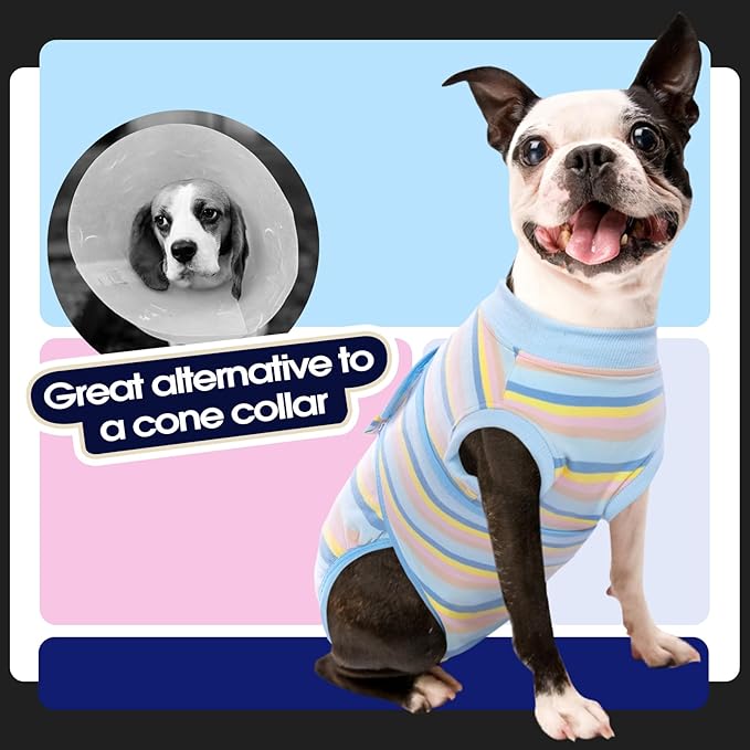 FUAMEY Recovery Suit for Dogs After Surgery,Soft Breathable Dog Bodysuit E-Collar & Cone Alternative Surgical Suit,Male Female Dog Neuter Spay Suits Anti Licking Wounds Onesie Blue Yellow Stripes XXL