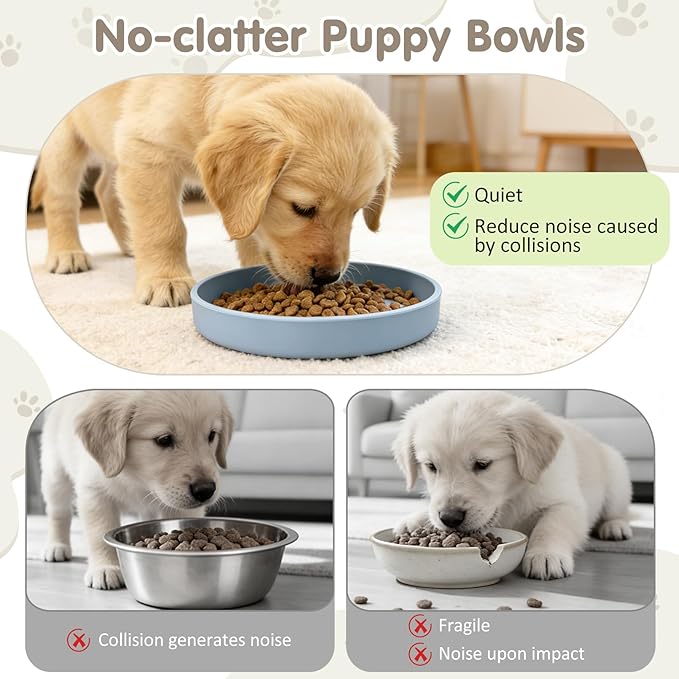 VCEPJH 2 Pack Silicone Dog Plates for Food Shallow Pet Bowl Flat Puppy Food Bowl Whisker Fatigue Cat Feeding Bowls Noiseless Dishes for Dry and Wet Food (Round Blue)