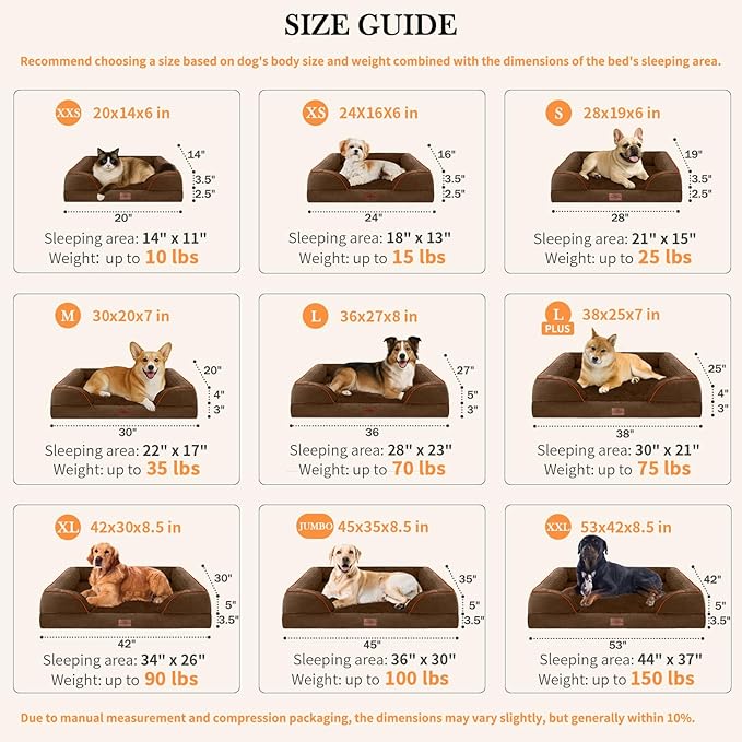 Comfort Expression Orthopedic Dog Bed for Large Dogs 36x27 Inch, Waterproof Supportive Egg Crate Foam Large Pet Bed with Removable Bolsters, Dog Couch with Washable Cover & Non-Slip Bottom, Dark Brown