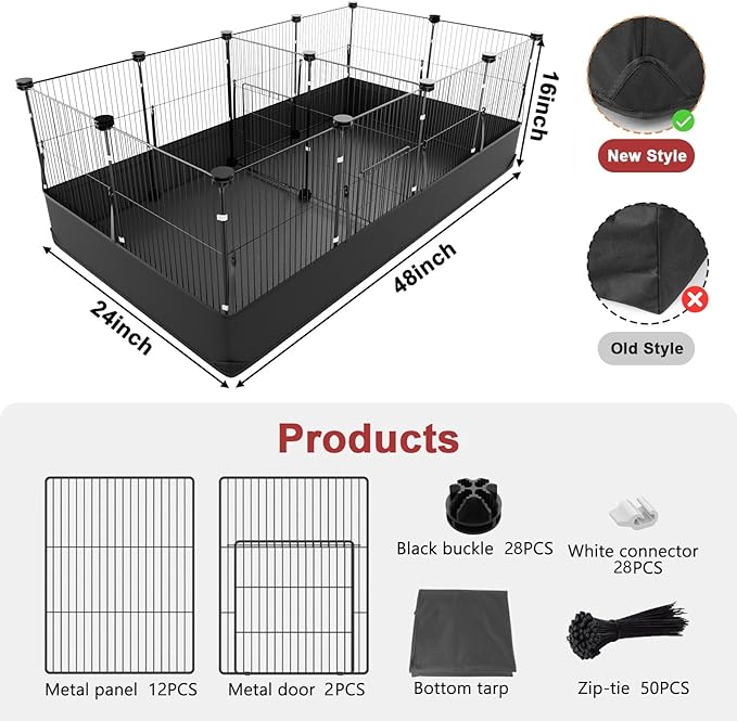Tresbro Guinea Pig Cage with Waterproof PVC Bottom Liner & One-Hand Release Hook, Triple Fixing C&C Cage for Guinea Pigs, Bunny, Rabbit, Hedgehog, Small Animal Indoor Playpen 48''L x 24''W x 16''H