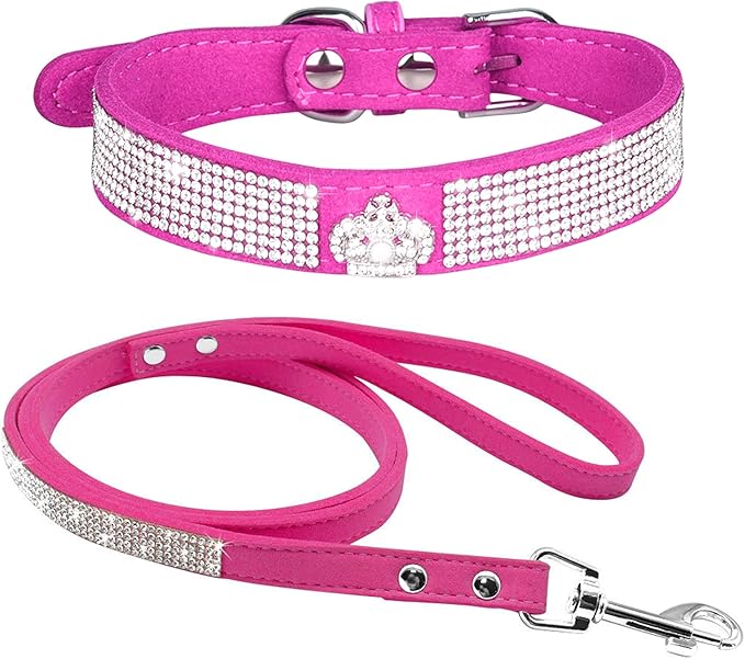 Cute Dazzling Sparkling Elegant Fancy Soft Suede Leather Bling Rhinestone Crystal Jeweled Pet Cat Dog Puppy Collar Dog Leash Combo Set (M, Hot Pink-5)