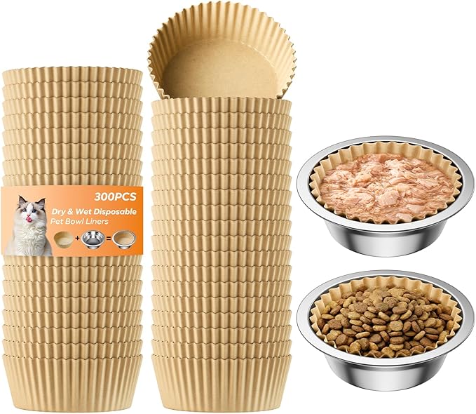 300 Pcs Disposable Pet Food Bowl Liners Bulk, Small Paper Cat Dishes, Dog Feeding Plate for Dry and Wet Food, Animal Feeding Station, Leak-Resistant Meal Mats, Brown, 4 x 1.2 Inch