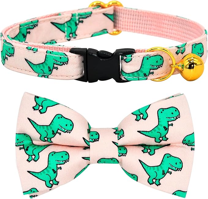 Cat Collar Bow Set, Green Dinosaur Pink Background, Wedding/Birthday Breakaway Collar Bowtie for Kitten/Cat