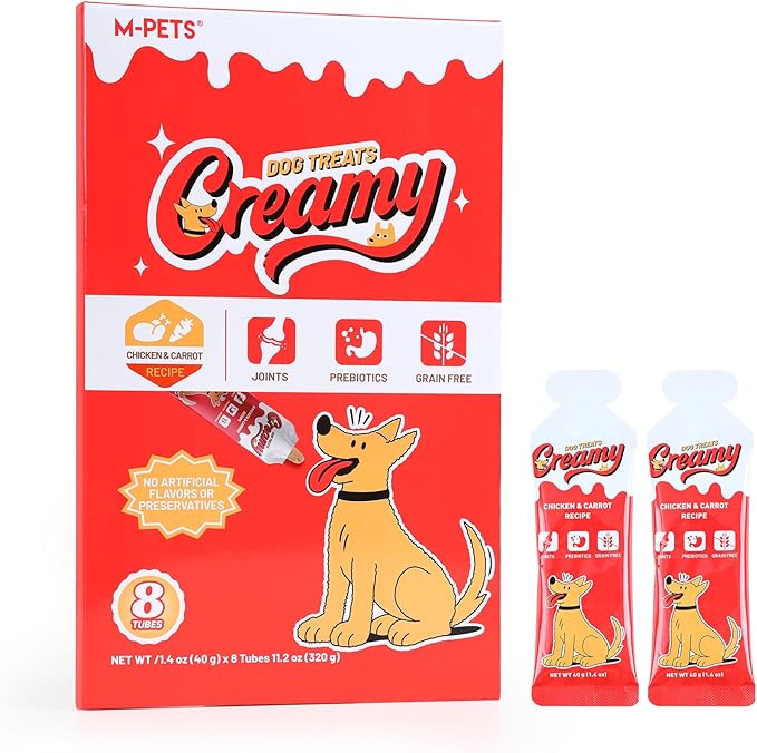 M-PETS Chicken & Carrot Lickable Dog Treats,Soft Healthy Dog Snacks in Squeeze Tubes for Puppies & Seniors,Reward Training or Food Topper, Low-Calorie Puree for Joint & Digestive Support – 8 Pack