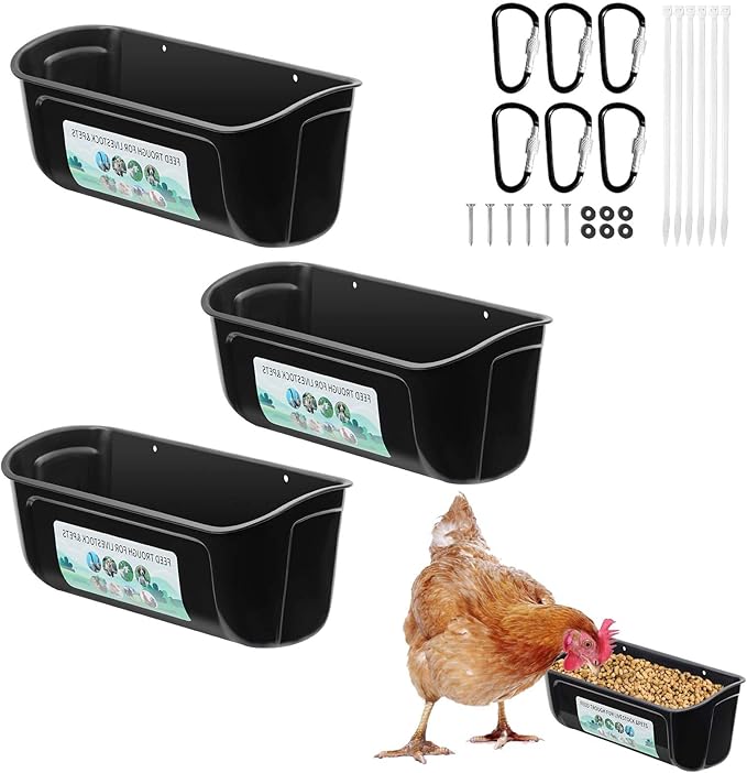 PIREKZUNT 3 Pack Chicken Duck Feeder, Poultry Feeders and Waterers, Hanging Goat Feeder, Livestock Feeding Container, Feed Trough and Waterer Bucket with Clips(Black)