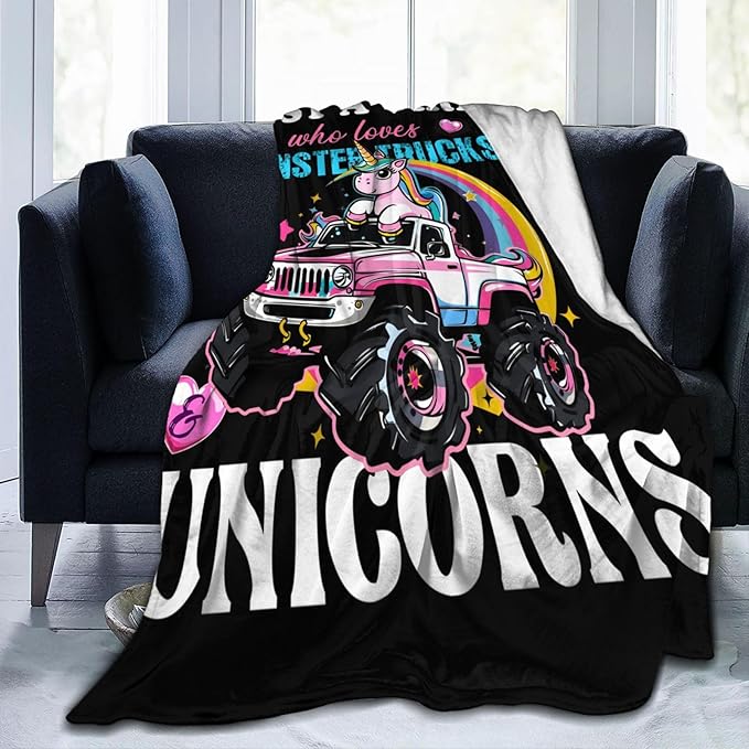 Just A Girl Who Love Trucks Unicorns Blanket Truck Unicorn Decor Throw Blanket Gifts for Girls Boys Super Warm Soft Plush Fleece Flannel Blanket Couch Bedding Blanket for Adults Kids Women Men 60"X50"