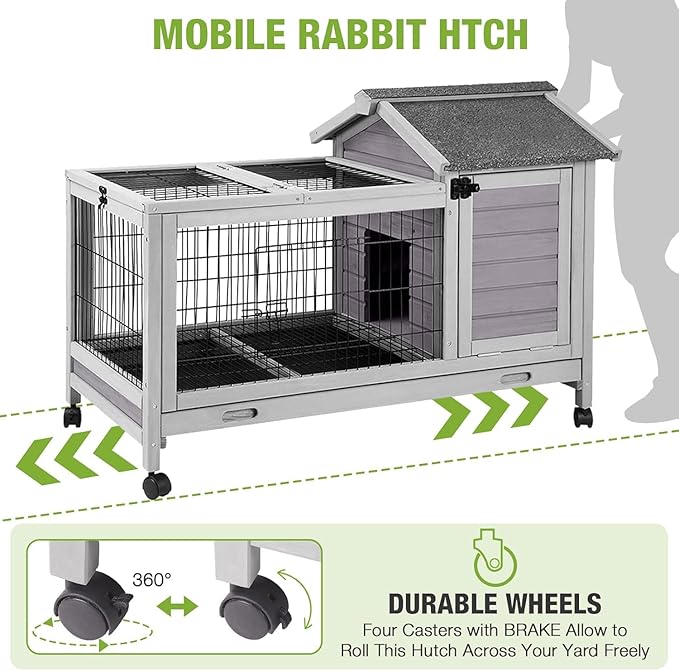 GUTINNEEN Rabbit Hutch Indoor with Wire Fence Rabbit Cage with Run Leakproof Pull Out Tray Outdoor Bunny Cage, Guinea Pig Cage Grey