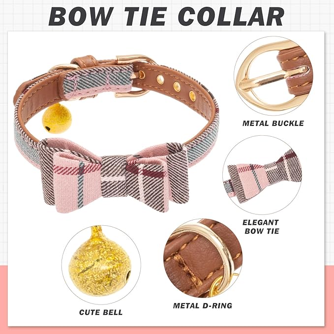 EXPAWLORER Dog Collar Bandana Set - Classic Plaid Dog Bow Tie and Bandana Collar with PU Leather, Adjustable Collars for Small Medium Large Dogs Cats, Holiday Ideal Gift, Pink XS