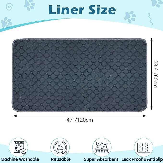 Reusable Guinea Pig Cage Liners, 47" x 24" (Pack of 2) Washable Pee Pads , Super Absorbent & Waterproof & Anti-Slip Pet Bedding Liner for Dogs, Bunny, Small Animals (Gray)