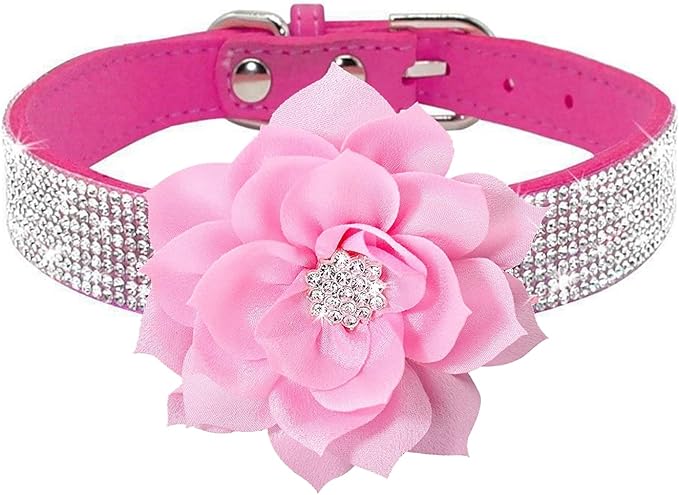 Cute Dazzling Sparkling Elegant Fancy Soft Suede Leather Bling Rhinestone Crystal Jeweled Pet Cat Dog Puppy Collar Dog Leash Combo Set (S(Neck 10-12.5"), Hot Pink-6)