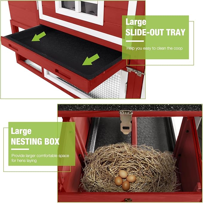 GUTINNEEN Chicken Coop with Wheels, Expandable Hen House Poultry Cage with Run, UV-Protected Roof, Divided Nesting Boxes, Easy One-Person Move, Ideal for 2 Adult Chickens or 4 Bantams, 72.3" L, Red