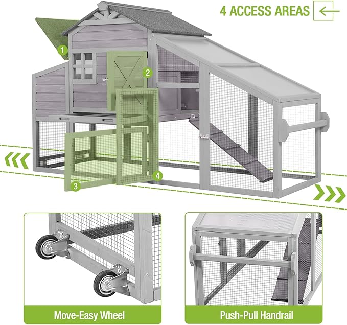 GUTINNEEN Mobile Chicken Coop for 2-4 Chickens with Wheels, Expandable Large Hen House with Run, UV-Protected Roof, Divided Nesting Boxes, Easy One-Person Move, Grey