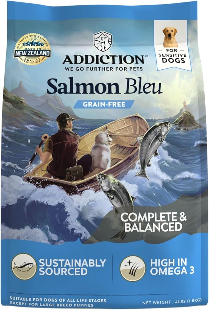 Addiction Salmon Bleu Grain-Free Dry Dog Food - Rich in Prebiotics to Support Skin, Coat & Cognitive Health - Salmon Recipe for All Dog Life Stages - Made in New Zealand 4 lb