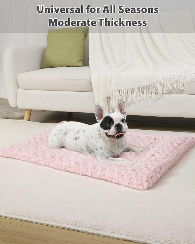 Washable Dog Bed Mat Soft Dog Crate Pad Fluffy Pet Kennel Beds Sleeping Mattress with Non-Slip Bottom for Large Jumbo Medium Small Dogs, 47 x 29 Inch, Pink
