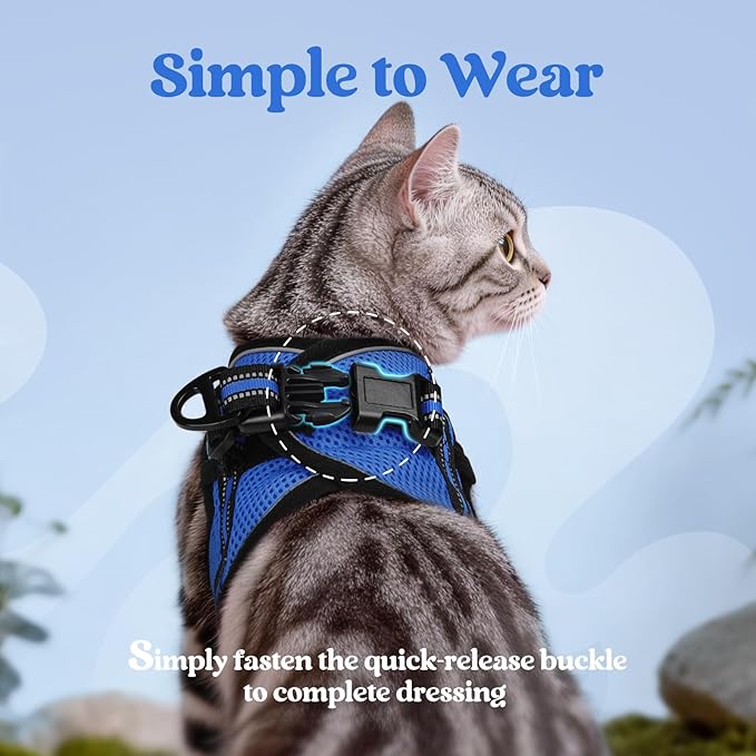 rabbitgoo Cat Harness and Leash Set for Walking Escape Proof, Adjustable Soft Kittens Vest with Reflective Strip for Cats, Comfortable Outdoor Vest, Blue, XL