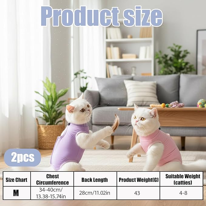 2-Pack Spay Suit for Female Cat, Cat Post Surgery Suit, Soft Recovery Garment, Breathable Fabric for Comfortable Healing