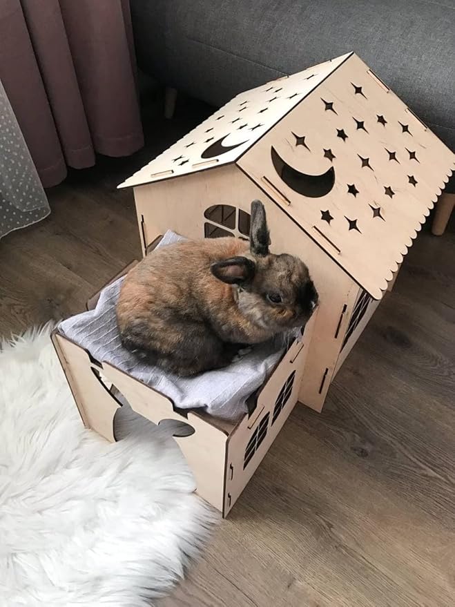 Bunny house with ladder, guinea pig house, rabbit furniture, bunny decoration, rabbit supplies, chinchilla house, pet bed, chinchilla (22.4x13.8x16.9 inch)