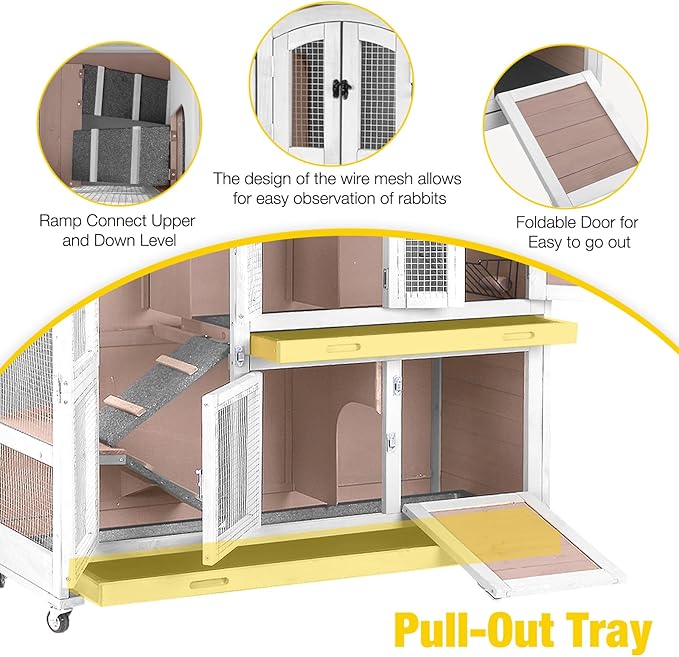 AIVITUVIN Rabbit Hutch Indoor Rabbit Cage Outdoor Two Story Bunny Cage Bunny Hutch Pull Out Tray Guinea Pig Cage on Wheel（Brown）