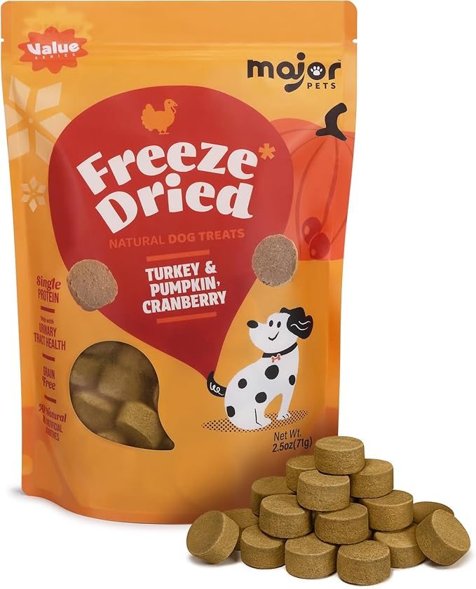 MAJOR PETS Freeze Dried Turkey Dog Treats with Pumpkin & Cranberry, Limited Ingredient High Protein Snacks for Digestive & Urinary Health, Grain Free, Training Reward & Meal Topper, Made in USA, 2.5oz