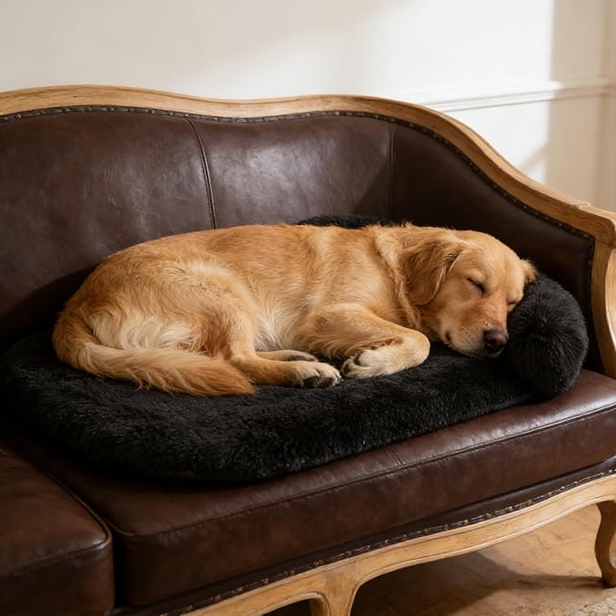 Calming Dog Beds for Medium Large Dogs, Orthopedic Cushion Plush Large Pet Bed Lounge with Washable Cover, Anti-Anxiety Soft Fluffy Faux Fur Fits up to 60 lbs Pets (Oval, Black 40"x30")