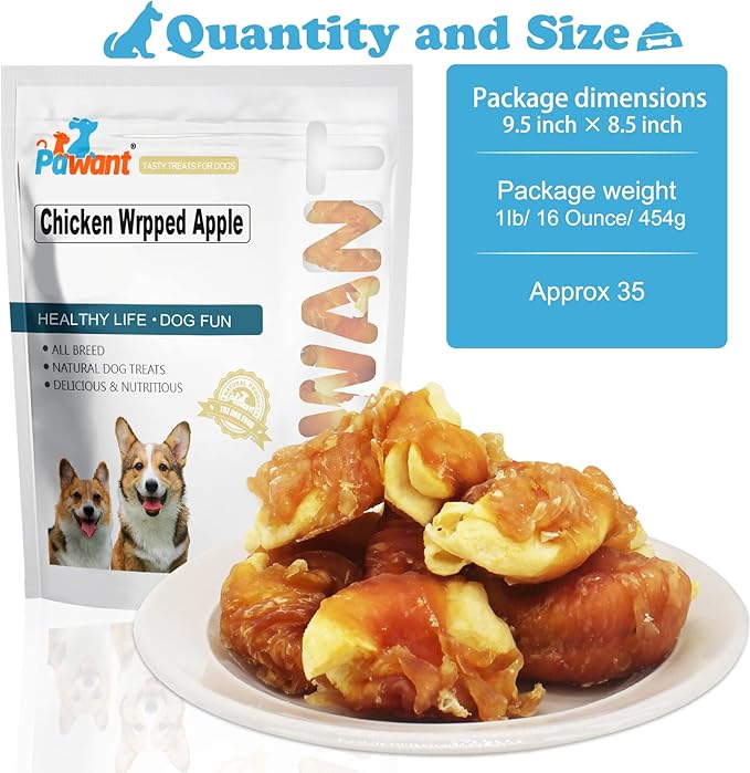 Chicken Wrapped Apple Dog Treats - Limited Ingredient Soft & Chewy Snacks, Natural Training Rewards with Real Chicken & Apple for All Dog Sizes 1lb/454g