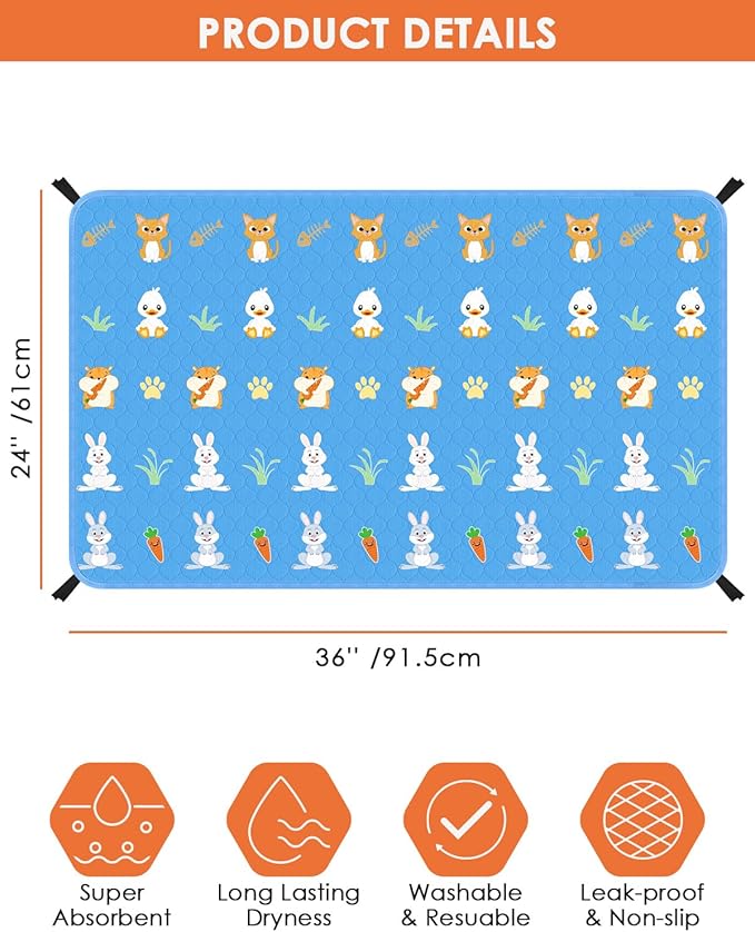 Bissap 2 Packs Guinea Pig Cage Liners, 24''X36'' Washable Guinea Pig Pee Pads Non Slip Reusable Fast and Super Absorbent Bedding for Small Animals Rabbit Hamster Chinchillas Rat - Blue