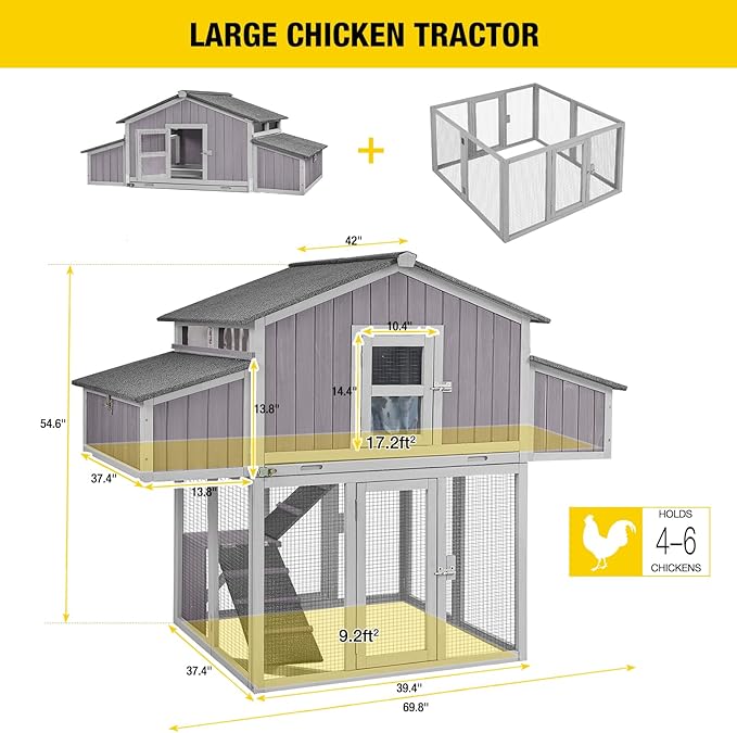 Large Chicken Coop, Wooden Chicken Coops with Nesting Boxes and Removable Tray, Waterproof Hen House with Asphalt Roof, Poultry Cage for Outdoor Backyard, Unique Folding Design