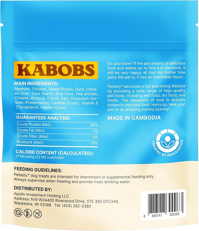 Dog Kabobs Rawhide Treats,5-Flavor Long-Lasting Chews Training Snacks,Healthy Dog Treats for Puppies,Small,Medium&Large Dogs with Chicken,Sweet Potato,Duck,Cheese&Hide Sticks 14oz,18 Count