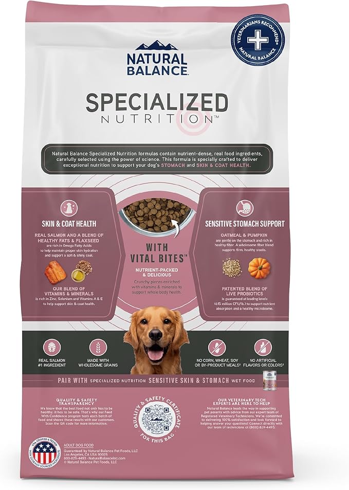 Natural Balance Specialized Nutrition Dry Dog Food with Salmon and Oatmeal for Dogs, Sensitive Skin & Stomach Dog Food, Natural Ingredients with Added Vitamins & Minerals - 22 lbs