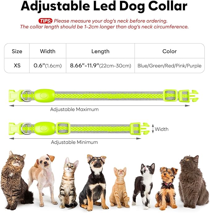 Flashseen LED Dog Collar, Light Up Dog Collar USB Rechargeable, Brightest Dog Lights for Night Walking, Adjustable Dog Collar Light for Dog Safety (Green, X-Small)