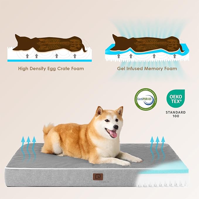 EHEYCIGA Orthopedic Dog Bed Waterproof 41"x27", Memory Foam Pet Bed for XLarged Dogs, Washable Pet Mat with Removable Cover, Grey