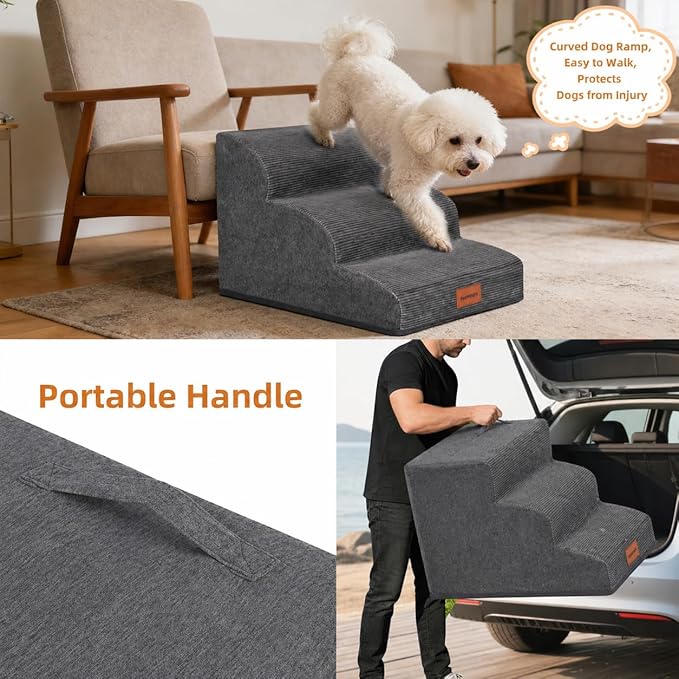 Dog Stairs for Small Dogs and Cats, 15.7" H, 3-Step Curved Pet Ramp for Couch Sofa and Chair, Non-Slip Medium Pet Steps with High Density Foam, Grey