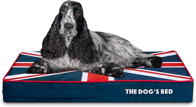 The Dog’s Bed Orthopedic Memory Foam Dog Bed for Medium Dogs, Waterproof Washable Cover, Anti-Slip Base, Calming Surface – CertiPUR-Certified Foam, Blue & Red Trim UK Center Flag, 4 Inch Thick