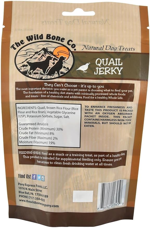 The Wild Bone Company Quail Jerky Dog Treats | Natural High Protein Chewy Training Bits | Made in the USA, 2 Ounces