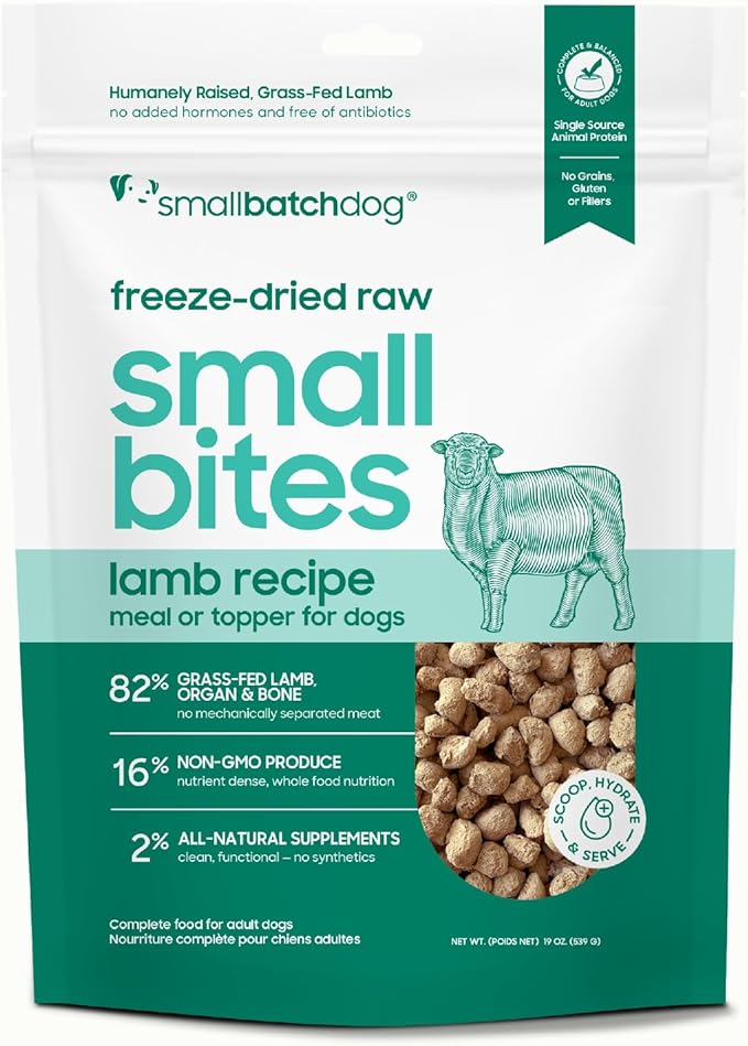 smallbatch Freeze Dried Dog Food – Lamb Recipe, Small Bites, Grain Free, Organic Produce – Grass Fed Lamb Hearts & Organs – High Protein Meal – Complete & Balanced Nutrition – 19 oz, Made in USA