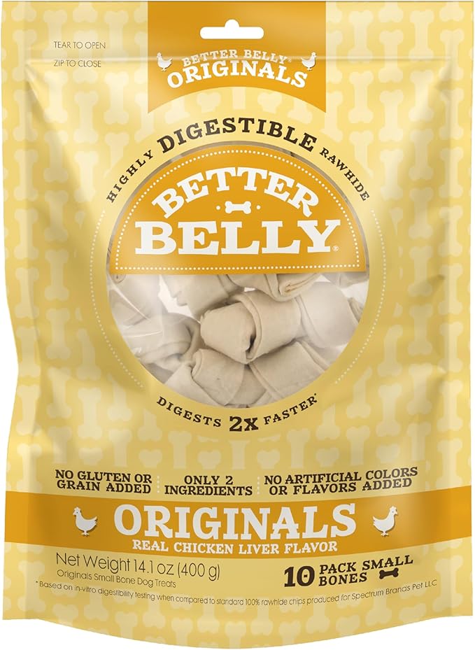 Better Belly Chicken Liver Rawhide Small Dog Bones, 10-Count