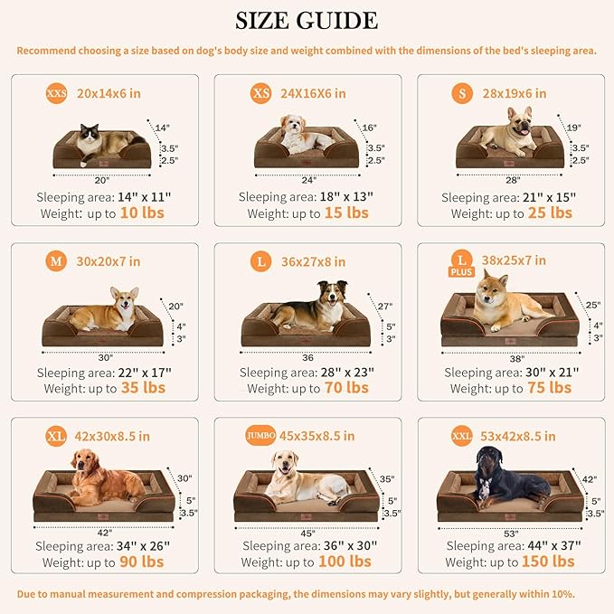 Comfort Expression Orthopedic Dog Bed for Medium Dogs 30x20 Inch, Waterproof Supportive Egg Crate Foam Medium Pet Bed with Removable Bolsters, Dog Couch with Washable Cover & Non-Slip Bottom, Brown