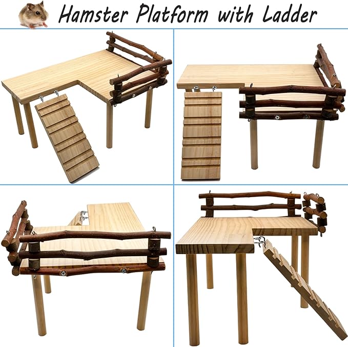 Wooden Hamster Platform with Fence, Large Syrian Hamsters Standing Platforms with Legs Wood Syrian Hamsters Playing Toy Standing Table Gerbil Cage Accessories