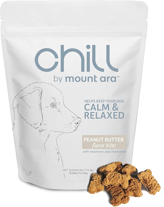 CHILL Bites Calming Dog Treats for Relaxation, Made with Peanut Butter, Chamomile, & Melatonin for Dogs, Natural Dog Treats 4 oz