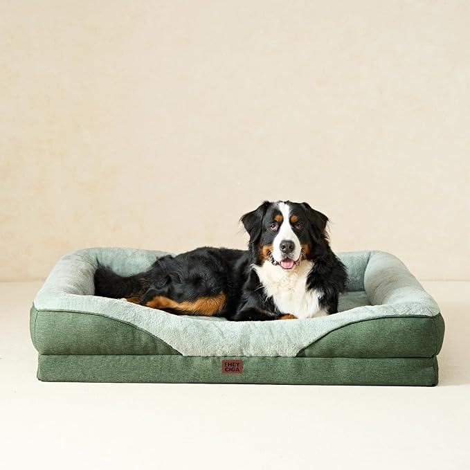 EHEYCIGA Orthopedic Dog Bed for Large Sized Dog, 41x27x7.5 Inch Large Memory Foam Dog Couch Bed with Sides, Waterproof Liner & Washable Removable Cover, Bolster Pet Sofa, Green