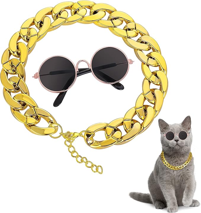 Molain Cat Sunglasses Gold Chain Costume Decorations- Cat UV Protection Classic Retro Puppy Retro Black Sunglasses Faux Gold Adjustable Chain Cosplay Costume Cool Funny Photo Props