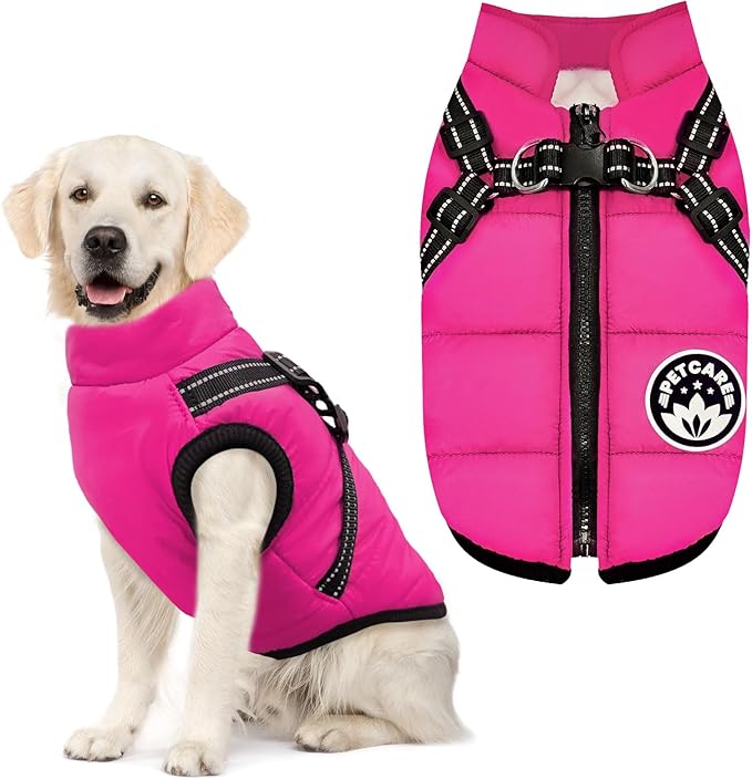 PETCARE Winter Dog Coat with Harness Built in Waterproof Dog Jackets Warm Pet Fleece Vest Windproof Snow Jacket Snowsuit Reflective Dogs Cold Weather Coats for Puppy Small Medium Large Dogs Cats