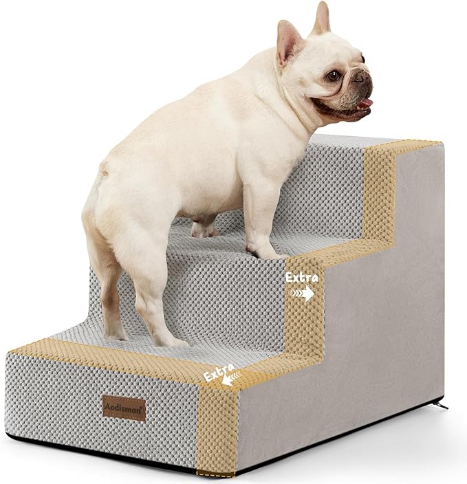 Aodisman Dog Stairs for Small Dogs & Cats, 3-Step Extra Wide Non-Slip Pet Steps for Couch Sofa and Chair, Light Grey, 15.7" H