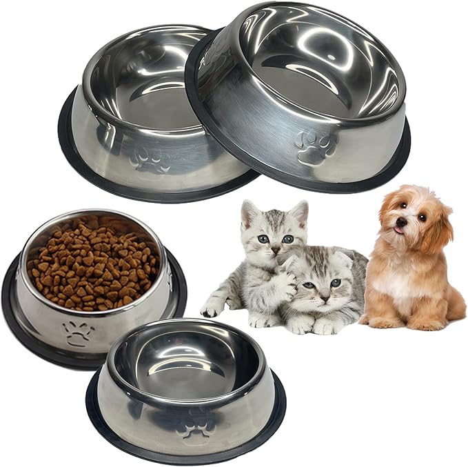 Fhiny 4PCS Stainless Steel Cat Bowls, Non-Slip Cats Water Dish with Rubber Base Stackable Pet Feeding Bowl Durable Multifunctional Replacement Whisker Fatigue Relief Plate for Kitten Puppy Small Dog