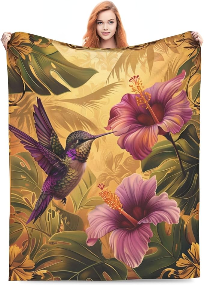 Floral Hummingbird Blanket Gifts for Women Men Adults Hummingbird Lovers, Bird Plush Fleece Throw Blankets, Cozy Soft Warm Bedding Decor for Sofa Living Room Travel 50"x60"