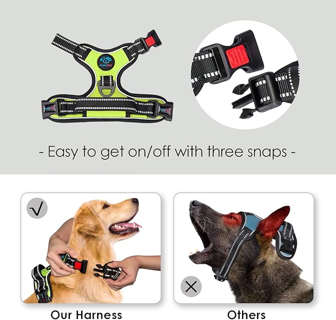 PHOEPET Reflective Dog Harness Large Breed Adjustable No Pull Vest with Handle 2 Metal Rings 3 Buckles [Easy to Put on & Take Off](XL, Green)