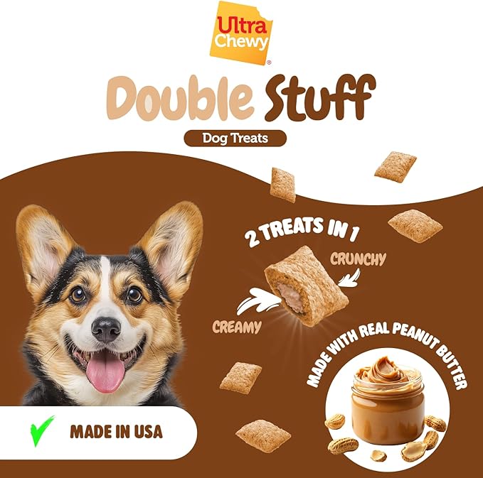Ultra Chewy Double Stuff Peanut Butter - Crunchy Dog Treats with Creamy Filling - Made in USA - Irresistible Flavor - Ideal for Medium/Large Dogs - 2 Packs