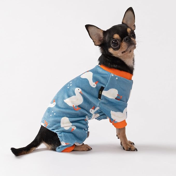 Fitwarm Adorable Duck Dog Pajamas, Warm Winter Dog Clothes for Small Dogs Boy Girl, Cozy Pet Onesie with Feet, Blue, White, Orange, XL